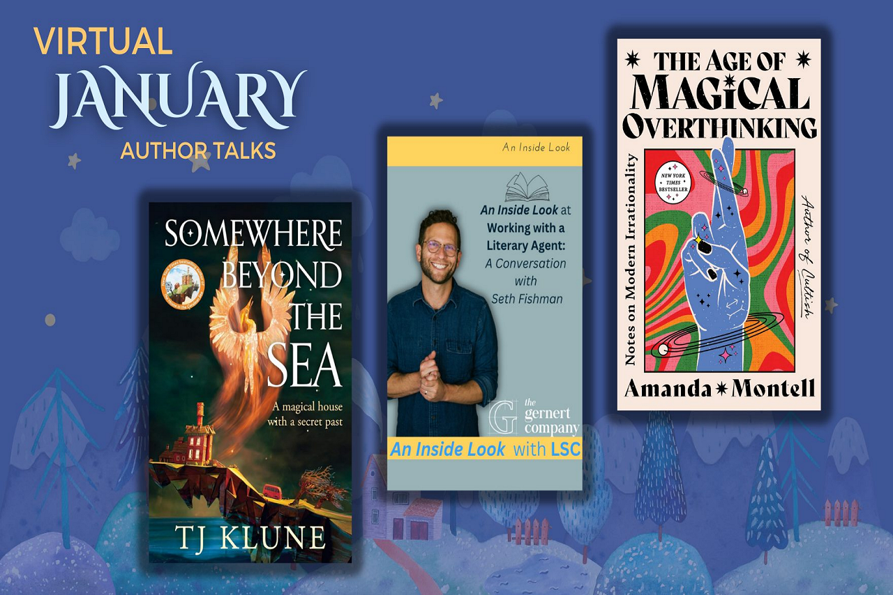 Virtual January author talks. 3 different book covers by authors that will be speaking