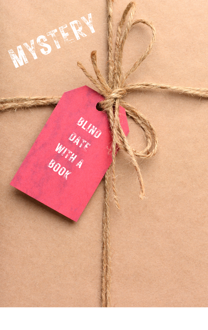 wrapped book with tag that says blind date with a book and a mystery stamp