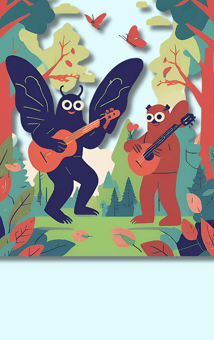 a cartoon picture with a mothman and big foot in the woods playing guitars