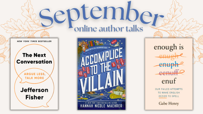 banner with fall leaves that says september online author talks with book covers