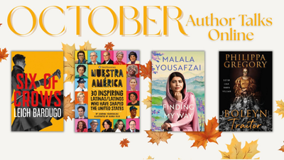 author talks banner with books and fall leaves background