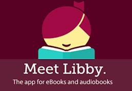 cartoon of girl reading book ad for Libby app