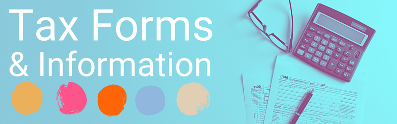 ad for tax forms with calculator, pen, glasses, and forms