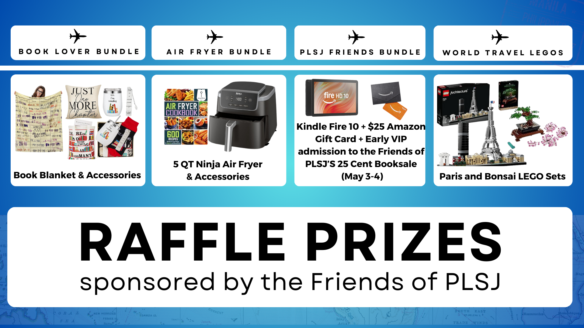 Raffle prizes list including book blanket and accessories, 5 quart Ninja Air fryer and accessories, kindle fire 10 & amazon gift card bundle, LEGO sets